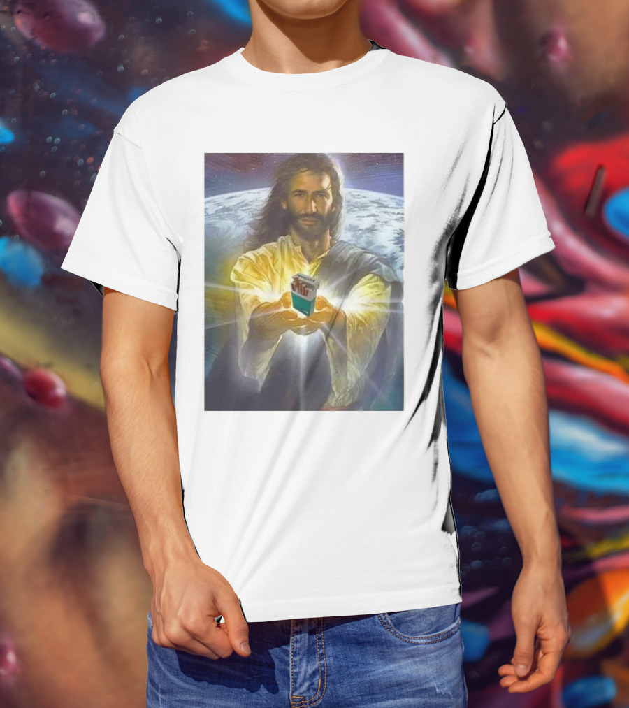 Jesus Offering Marlboro Cigarettes On Cosmic Background T-Shirt
