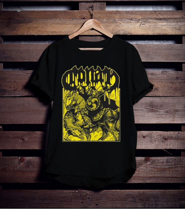 Conan Horseback Warrior With Shield And Hammer On Black And Yellow T-Shirt