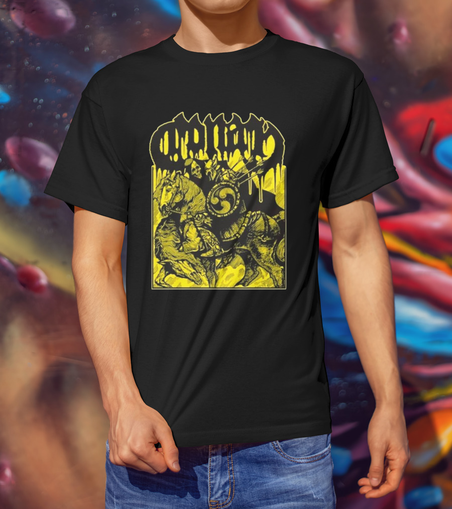 Conan Horseback Warrior With Shield And Hammer On Black And Yellow T-Shirt
