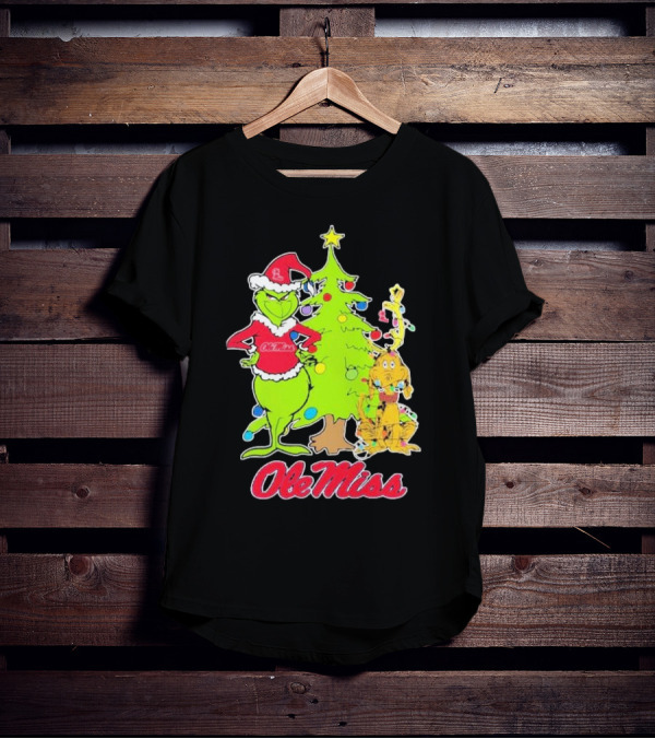 Ole Miss Rebels Grinch And Max Dog Christmas Tree T-Shirt