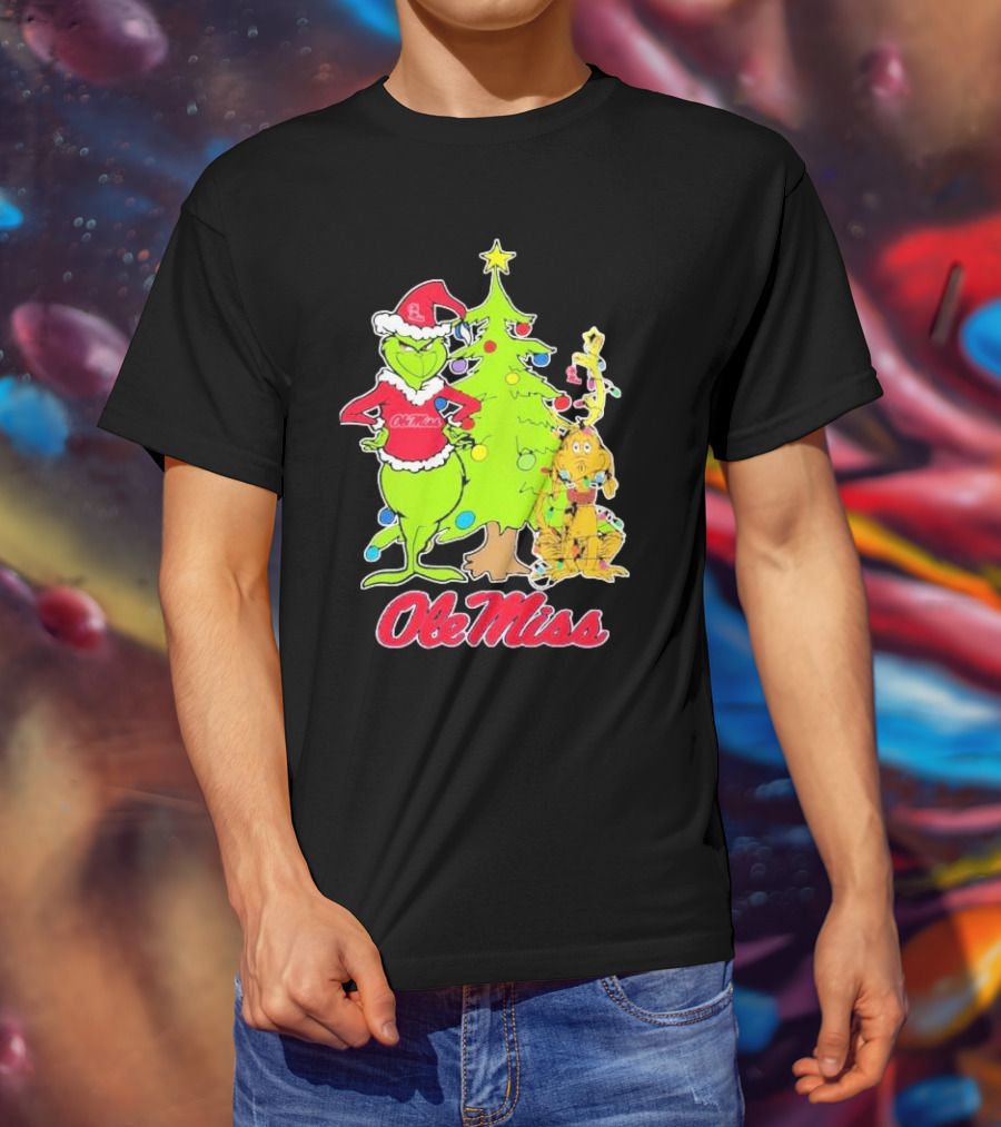 Ole Miss Rebels Grinch And Max Dog Christmas Tree T-Shirt