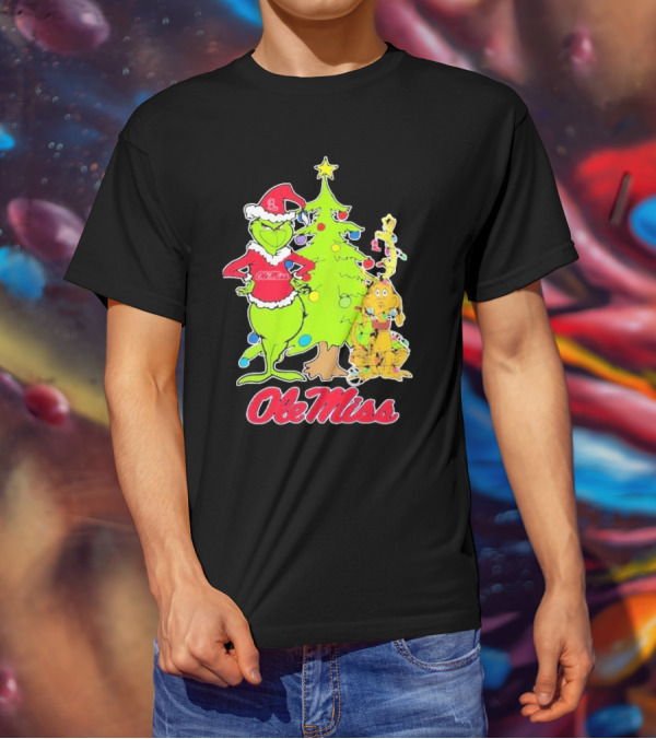 Ole Miss Rebels Grinch And Max Dog Christmas Tree T-Shirt