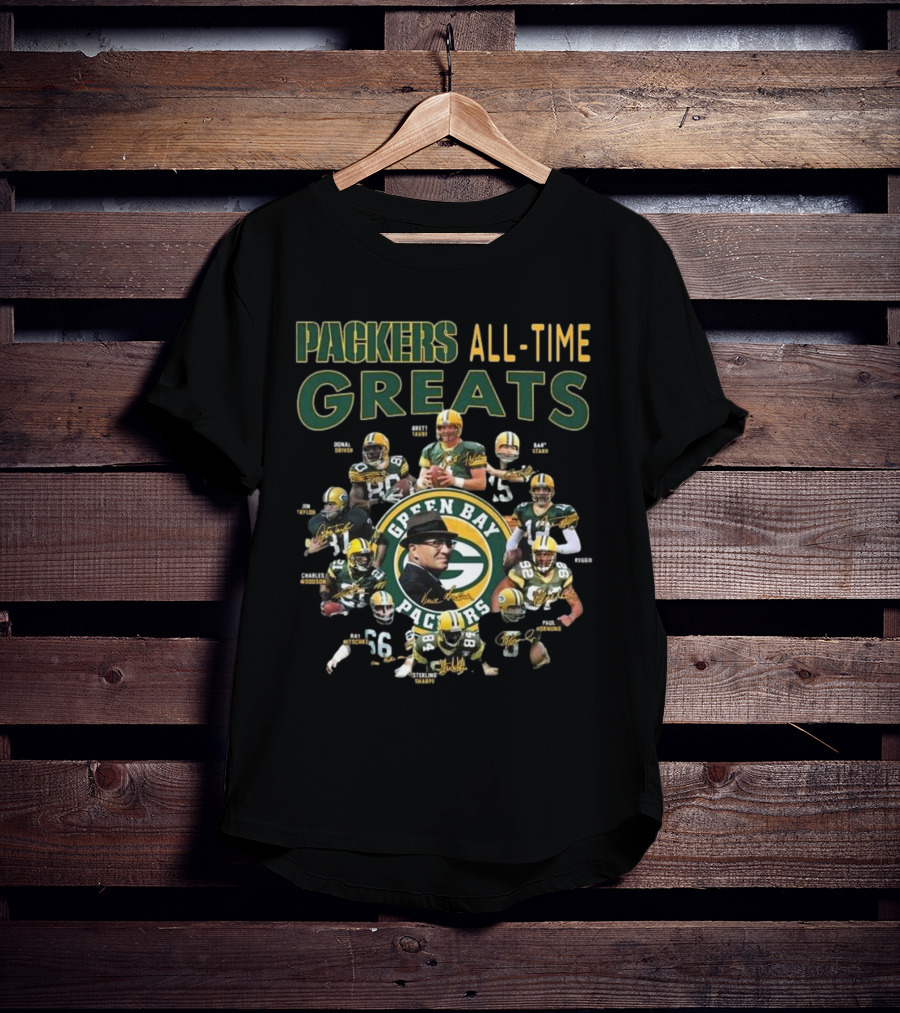 Packers All-Time Greats Green Bay Legends Signatures Brett Favre Bart Starr T-Shirt