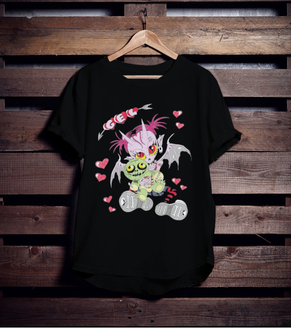 Gelhardcore Turbo Bat Creature Holding Plush Surrounded By Hearts T-Shirt