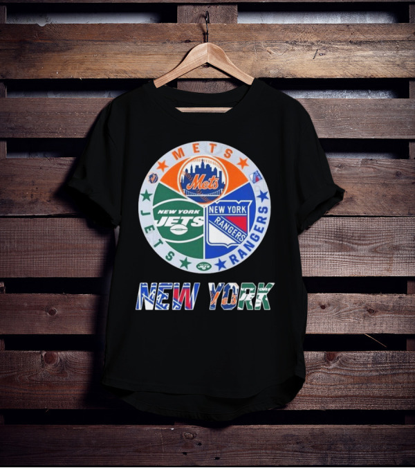 New York Mets Rangers Jets Circle Logo Skyline Baseball Football Hockey Teams T-Shirt