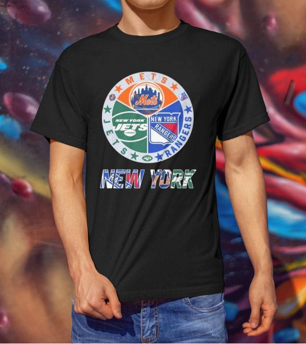 New York Mets Rangers Jets Circle Logo Skyline Baseball Football Hockey Teams T-Shirt