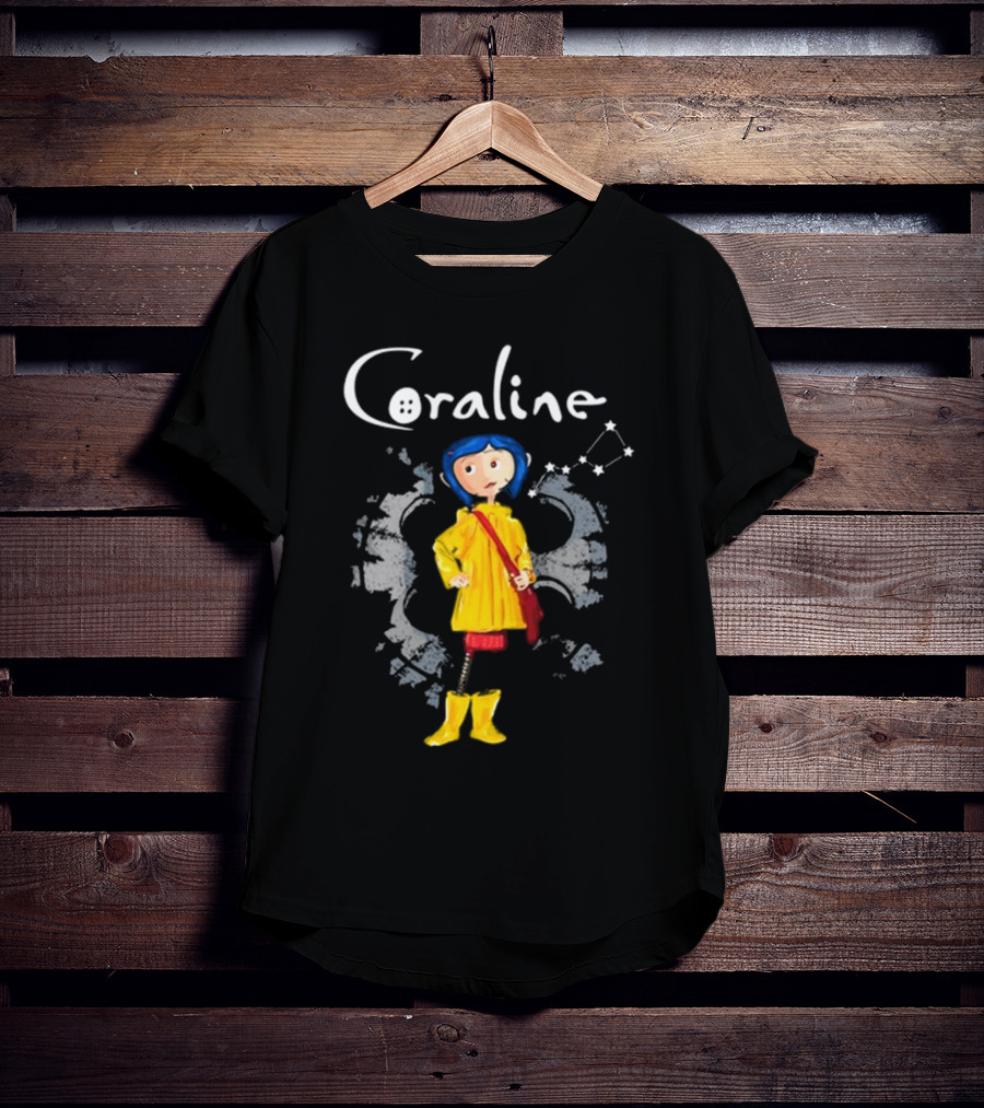 Coraline Character In Yellow Coat With Button Eyes And Star Constellation Background T-Shirt