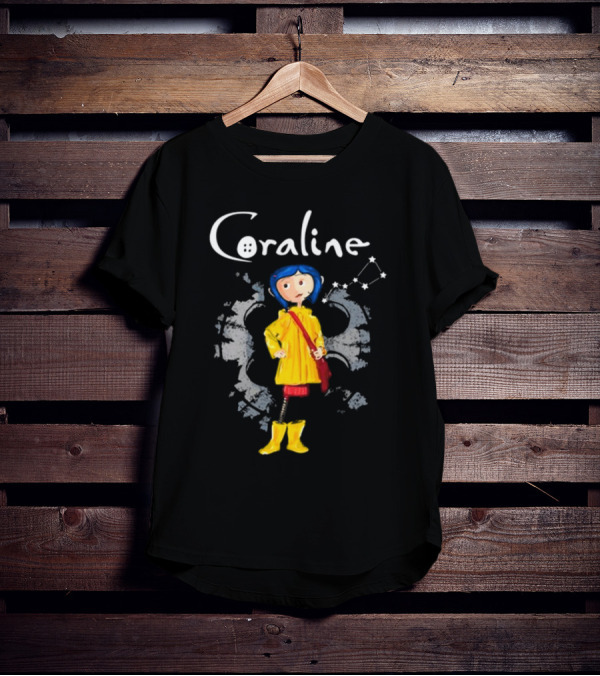 Coraline Character In Yellow Coat With Button Eyes And Star Constellation Background T-Shirt