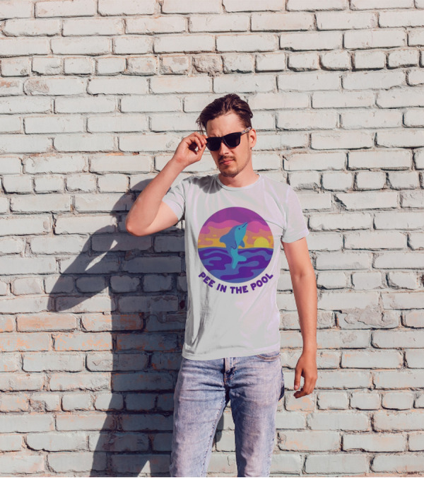 Pee In The Pool Dolphin Retro Sunset Ocean Scene T-Shirt
