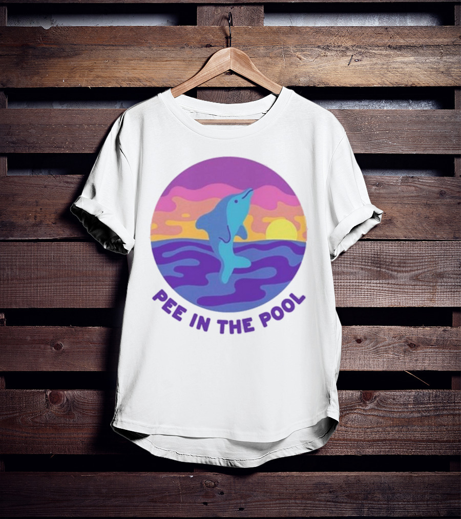 Pee In The Pool Dolphin Retro Sunset Ocean Scene T-Shirt