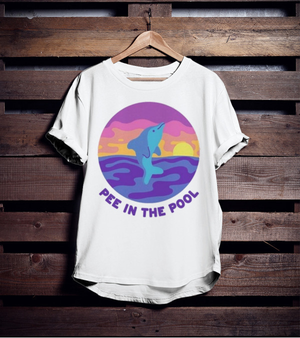 Pee In The Pool Dolphin Retro Sunset Ocean Scene T-Shirt