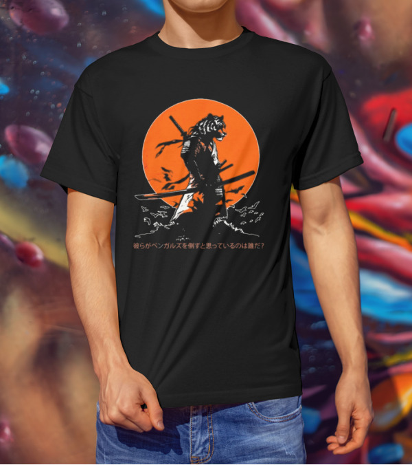 Katana Tiger Samurai With Japanese Text Orange Background T-Shirt