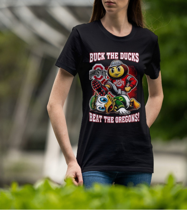 Ohio State Buckeyes Buck The Ducks Beat The Oregons 2025 Mascot Showdown T-Shirt