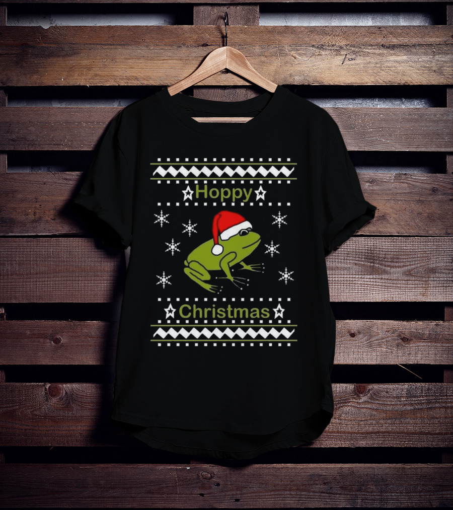 Hoppy Christmas Frog Wearing Santa Hat Surrounded By Snowflakes T-Shirt