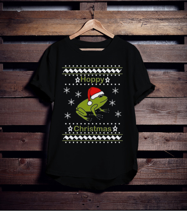 Hoppy Christmas Frog Wearing Santa Hat Surrounded By Snowflakes T-Shirt