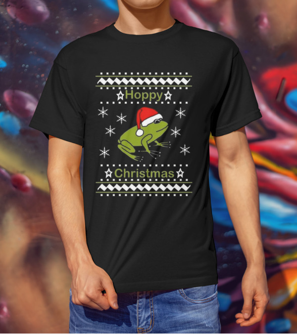 Hoppy Christmas Frog Wearing Santa Hat Surrounded By Snowflakes T-Shirt
