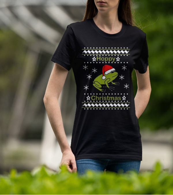 Hoppy Christmas Frog Wearing Santa Hat Surrounded By Snowflakes T-Shirt