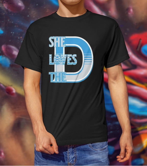 She Loves The D Detroit Blue Striped Lettering T-Shirt