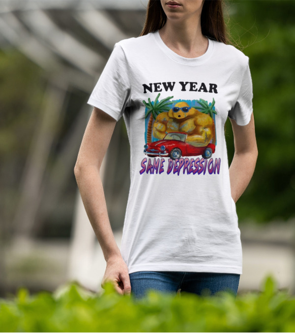 New Year Same Depression Buff Duck Red Convertible Palm Trees T-Shirt