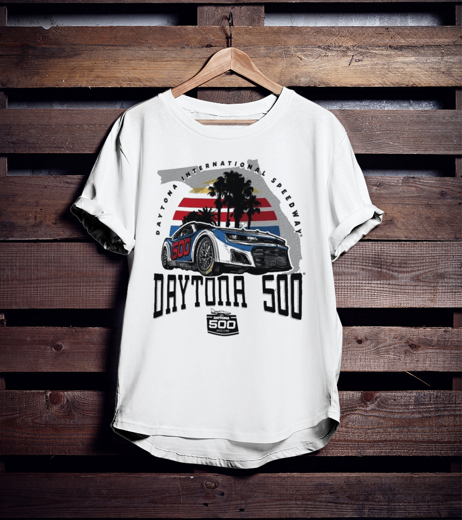 Daytona 500 Daytona International Speedway 2025 Racing Car Graphic With Palm Trees And Stripes T-Shirt