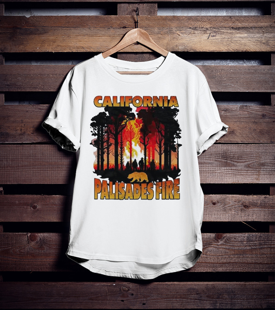 California Palisades Fire 2025 Forest Silhouette And Flames With Bear T-Shirt