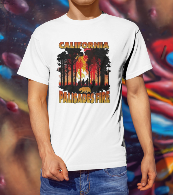 California Palisades Fire 2025 Forest Silhouette And Flames With Bear T-Shirt