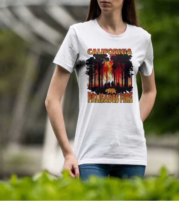 California Palisades Fire 2025 Forest Silhouette And Flames With Bear T-Shirt