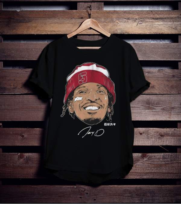 Jayden Daniels Face Bandage Signature NFLPA Number 5 Beanie T-Shirt