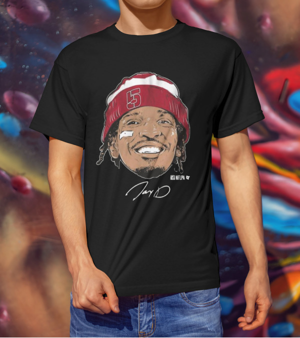 Jayden Daniels Face Bandage Signature NFLPA Number 5 Beanie T-Shirt