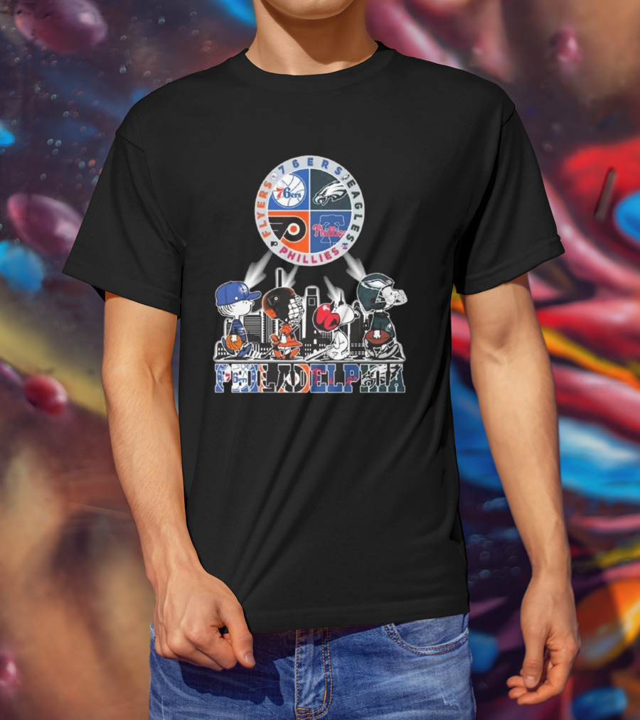 Peanuts Characters In Philadelphia Flyers 76ers Eagles Phillies Sports Mashup T-Shirt
