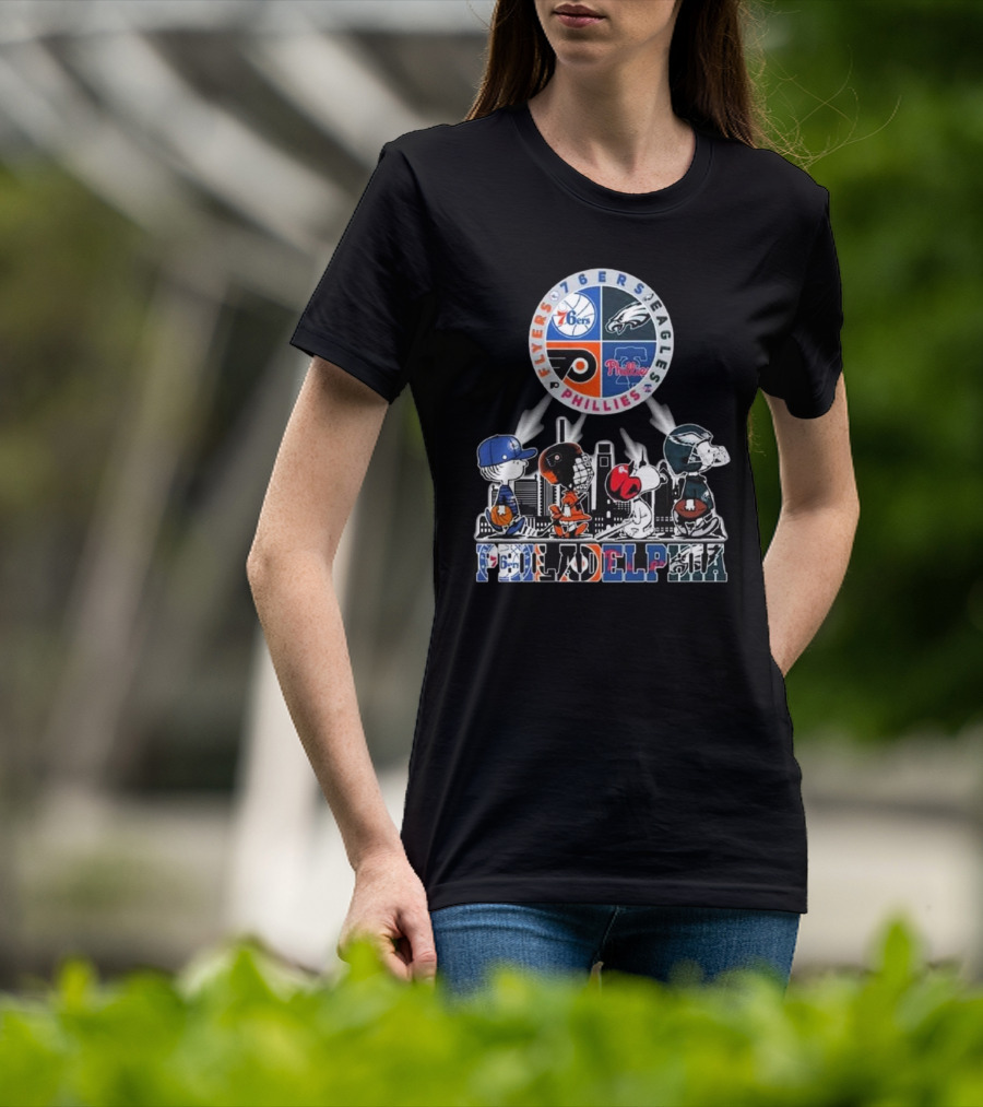 Peanuts Characters In Philadelphia Flyers 76ers Eagles Phillies Sports Mashup T-Shirt