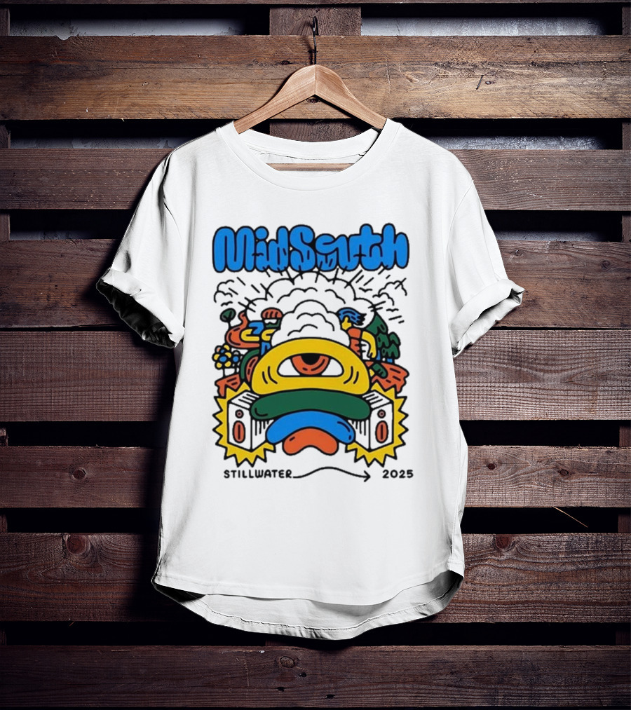 Mid South Stillwater 2025 Event Colorful Funky Cartoon Explosion T-Shirt