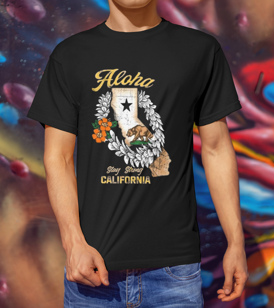 Aloha Stay Strong California Bear Star Map And Flower Garland T-Shirt