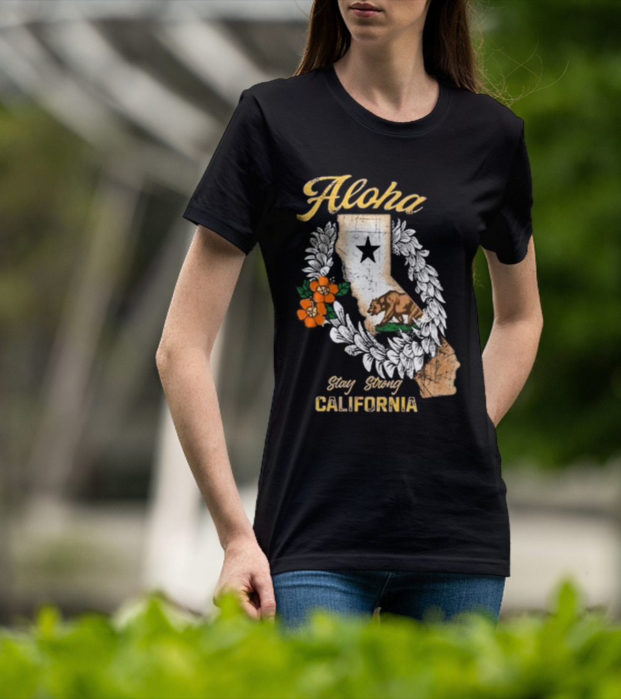 Aloha Stay Strong California Bear Star Map And Flower Garland T-Shirt