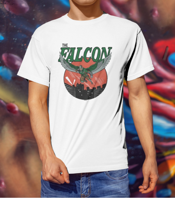 The Falcon Soaring Over City Skyline In Action-Packed Comic T-Shirt