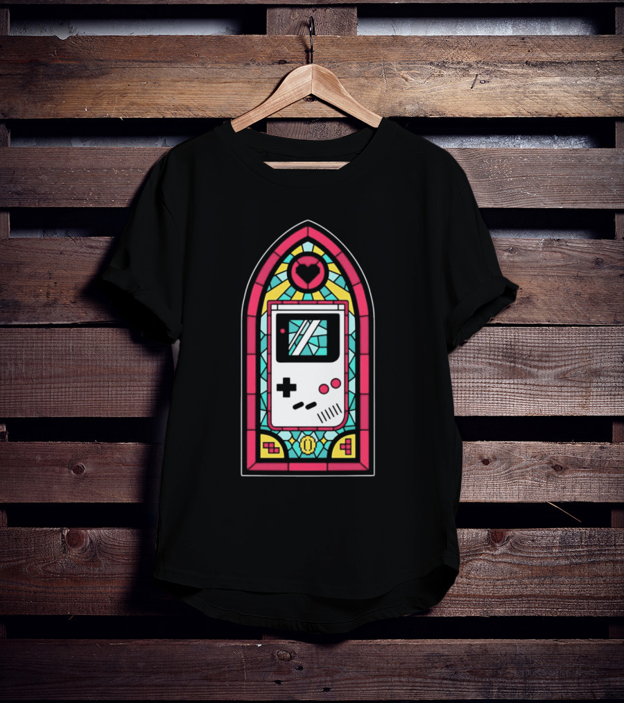 Game Boy 8-Bit Stained Glass Heart Coin Pixel Art Window T-Shirt