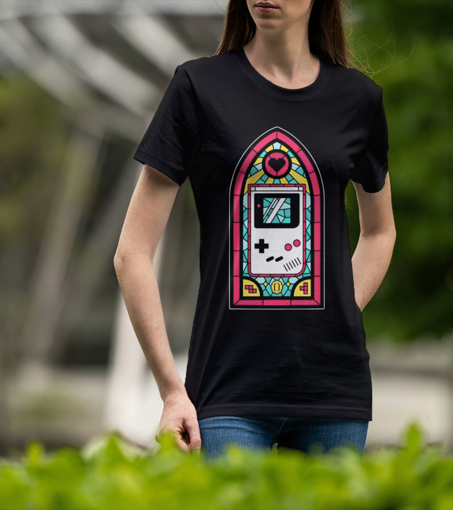Game Boy 8-Bit Stained Glass Heart Coin Pixel Art Window T-Shirt