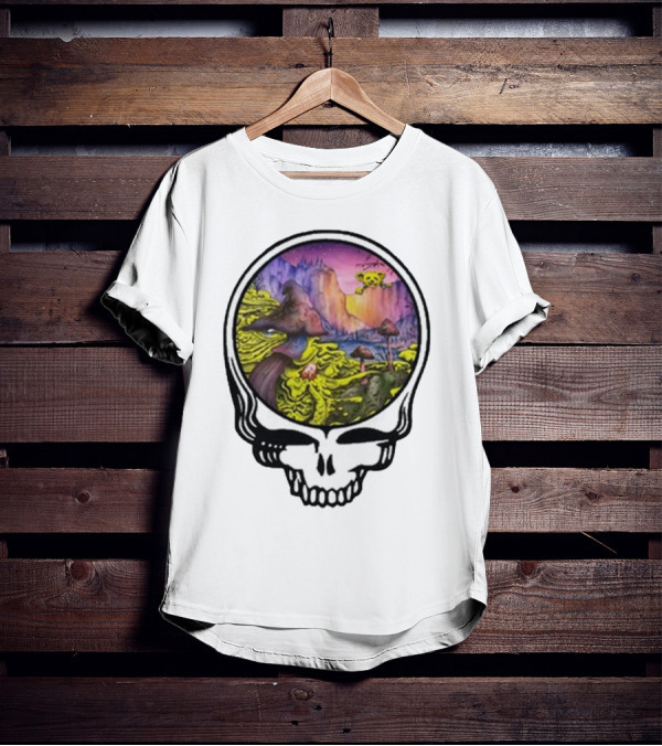 Grateful Dead Skull With Psychedelic Landscape And Mushrooms T-Shirt