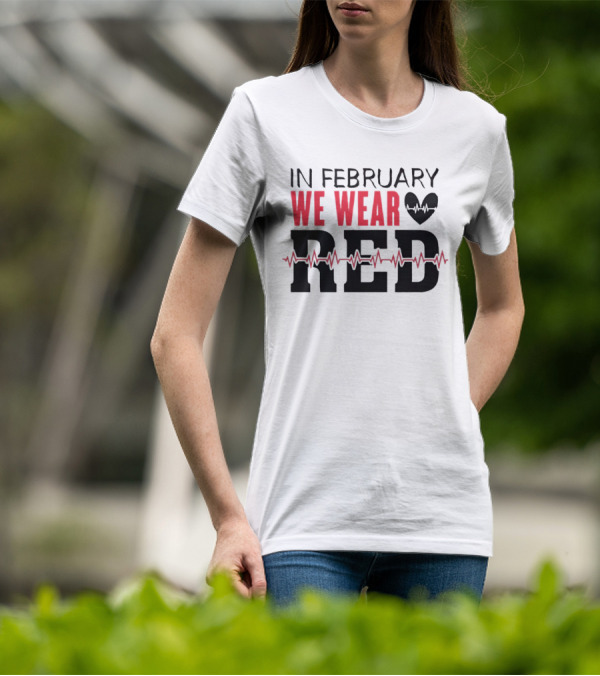 In February We Wear Red Heartbeat Motif T-Shirt