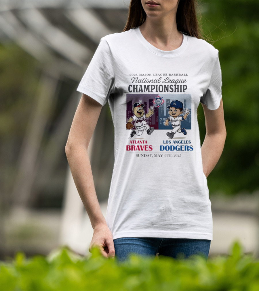 Atlanta Braves Los Angeles Dodgers National League 2025 Major League Baseball Skyline Cartoon Characters T-Shirt