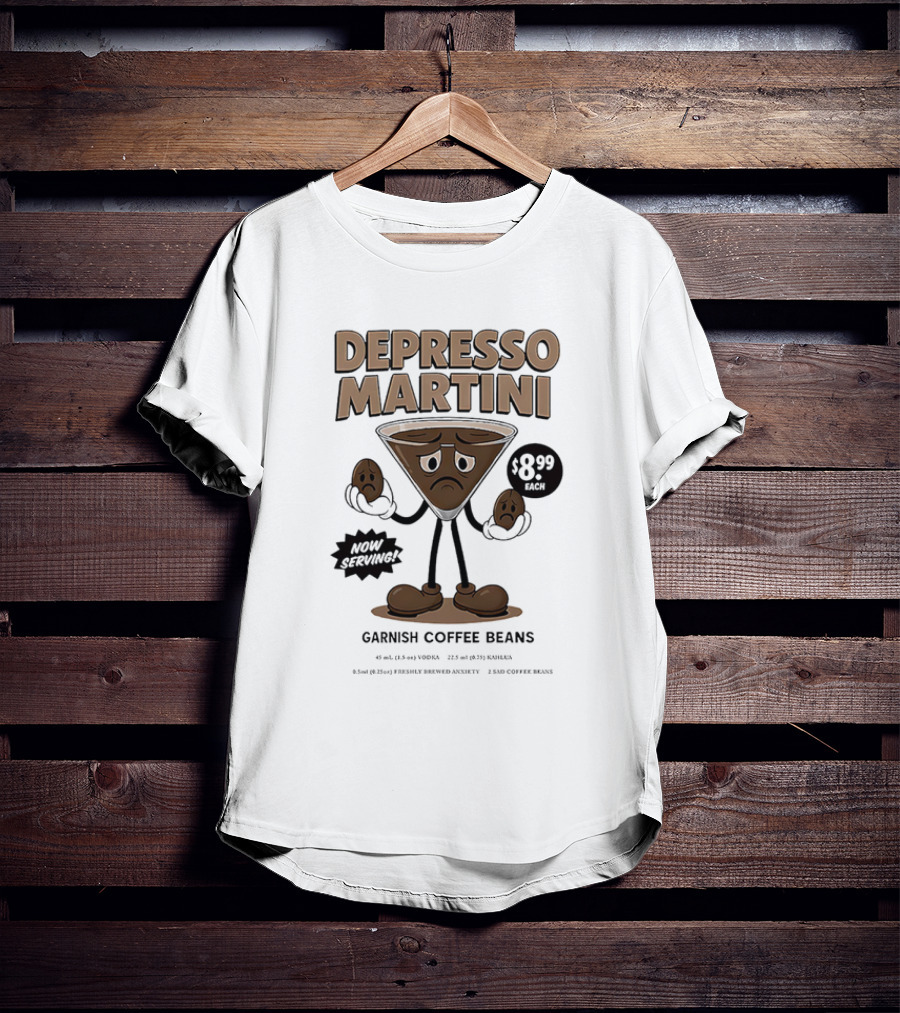 Depresso Martini Garnish Coffee Beans Cartoon Sad Face T-Shirt