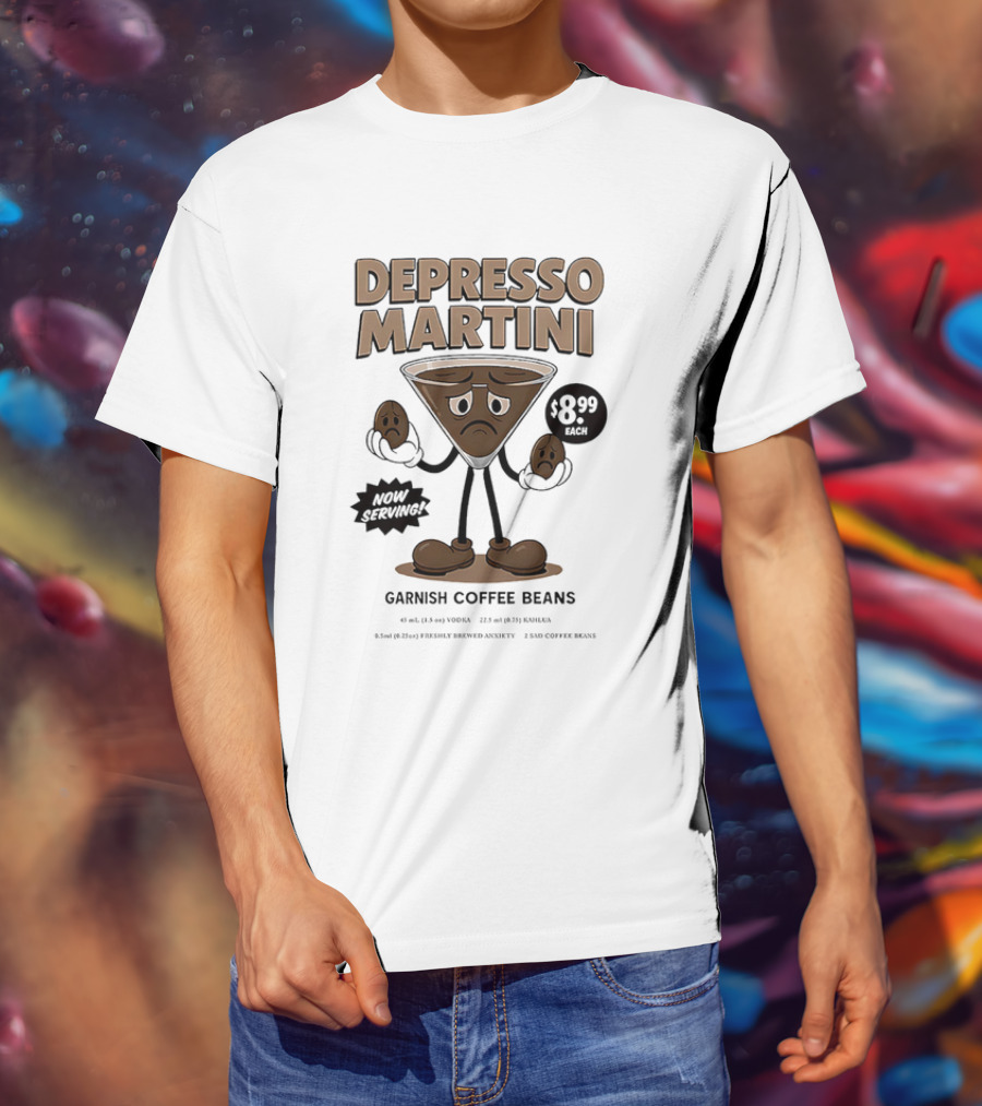 Depresso Martini Garnish Coffee Beans Cartoon Sad Face T-Shirt