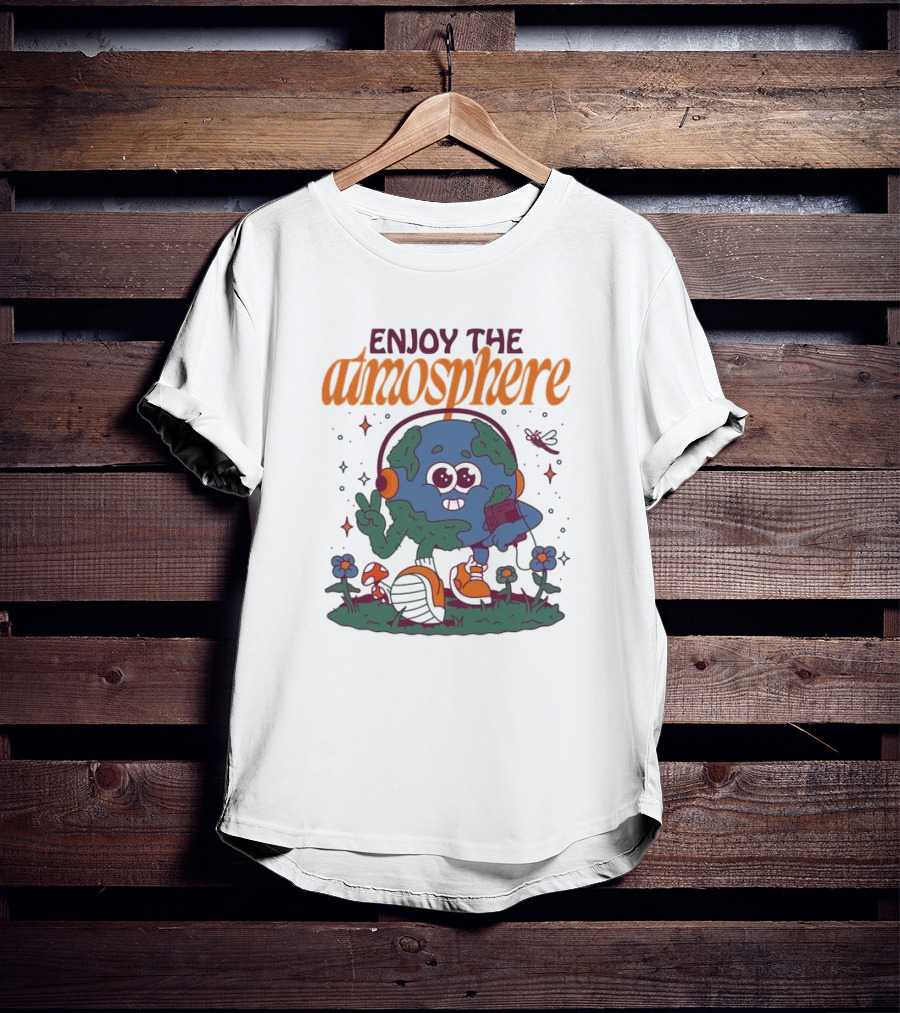 Enjoy The Atmosphere Planet Earth Headphones Peace Flowers T-Shirt