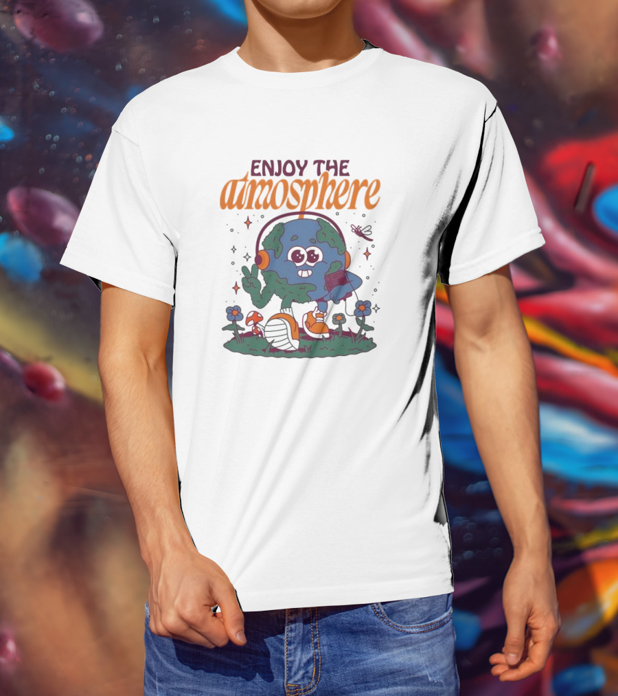 Enjoy The Atmosphere Planet Earth Headphones Peace Flowers T-Shirt