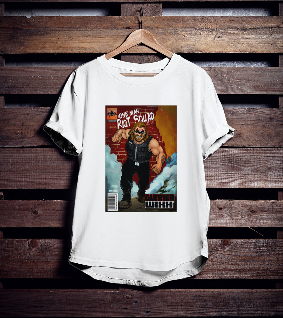 One Man Riot Squad Comic Cover Gunner Wixx Face Paint Featuring Champion Branding T-Shirt