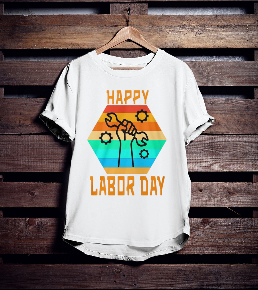 Colorful Wrench Fist Gear Happy Labor Day T-Shirt
