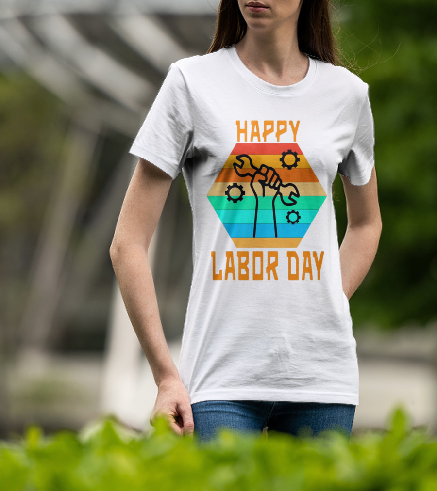 Colorful Wrench Fist Gear Happy Labor Day T-Shirt
