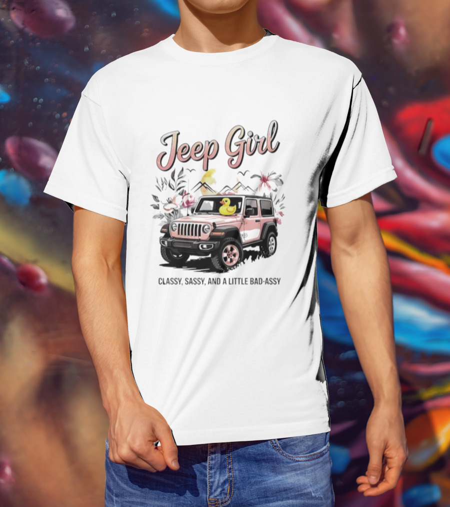 Jeep Girl Classy Sassy And Little Bad-Assy Pink Jeep Rubber Duck Floral Bunnies T-Shirt