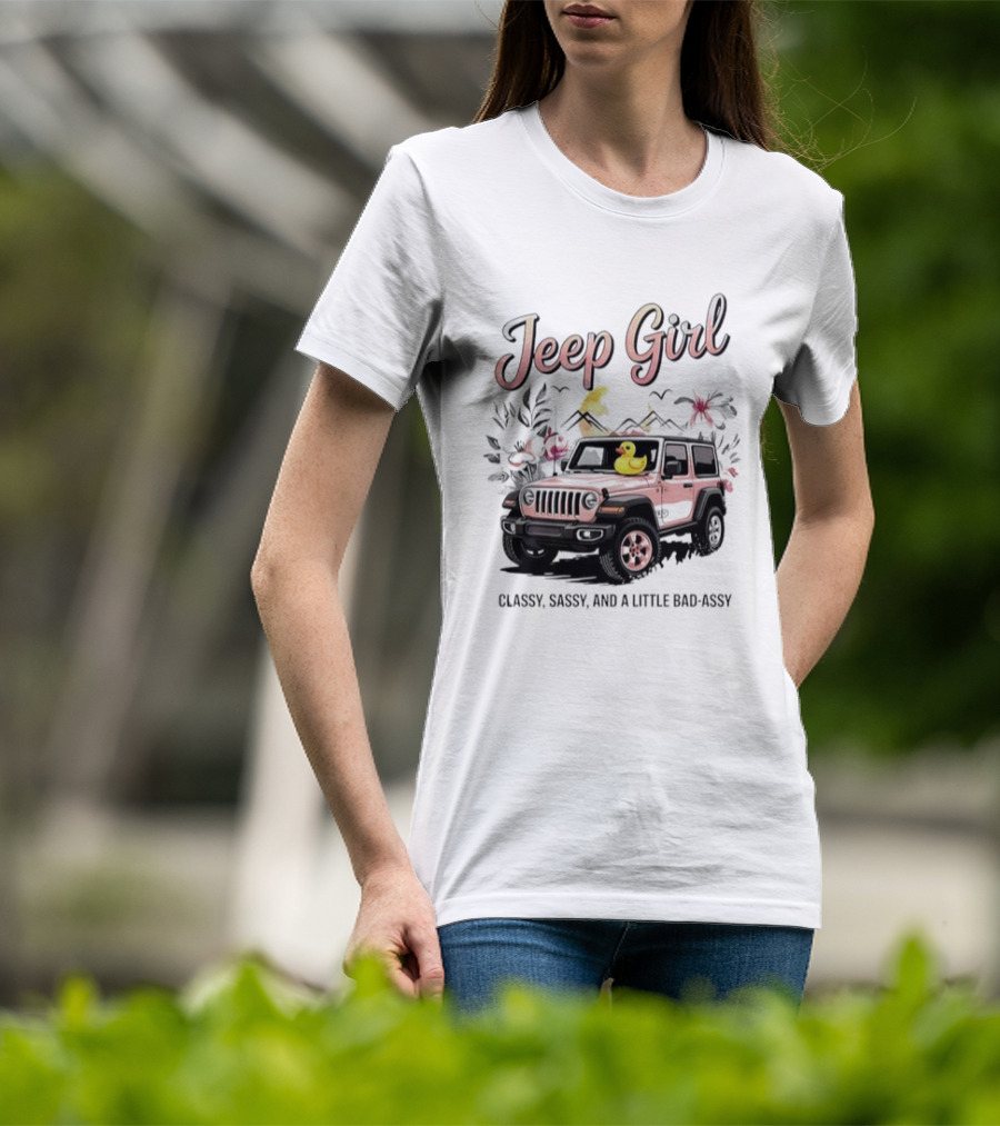 Jeep Girl Classy Sassy And Little Bad-Assy Pink Jeep Rubber Duck Floral Bunnies T-Shirt