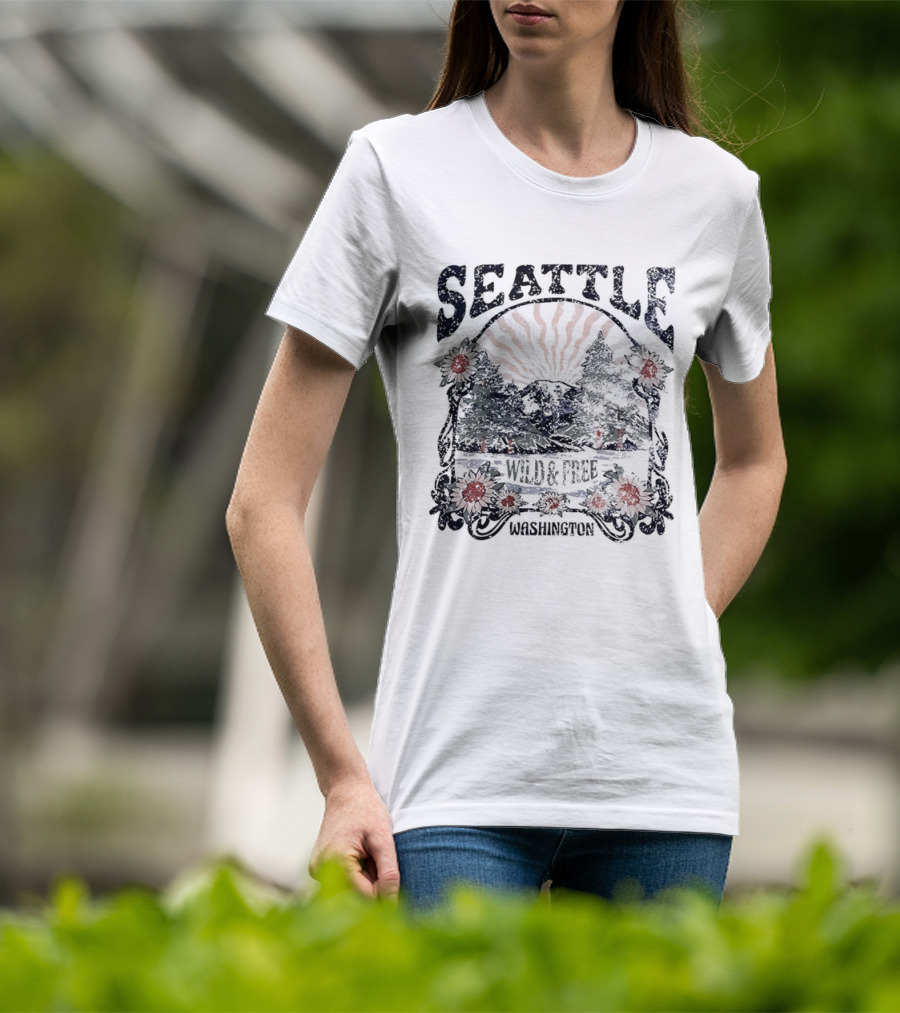 Seattle Washington Wild And Free Sunrise Trees Flowers T-Shirt